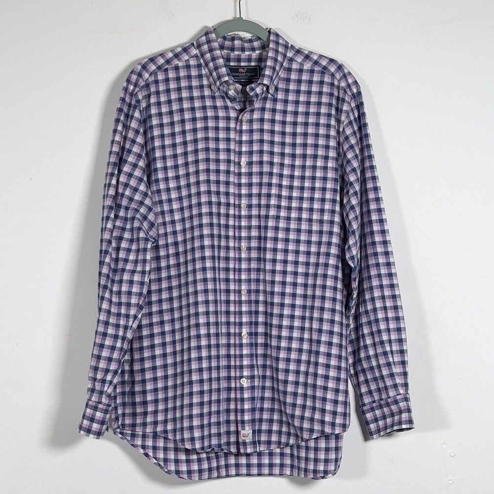 Vineyard Vines Slim Fit Murray Shirt Mens Sz L Blue Pink Plaid Long Sleeve